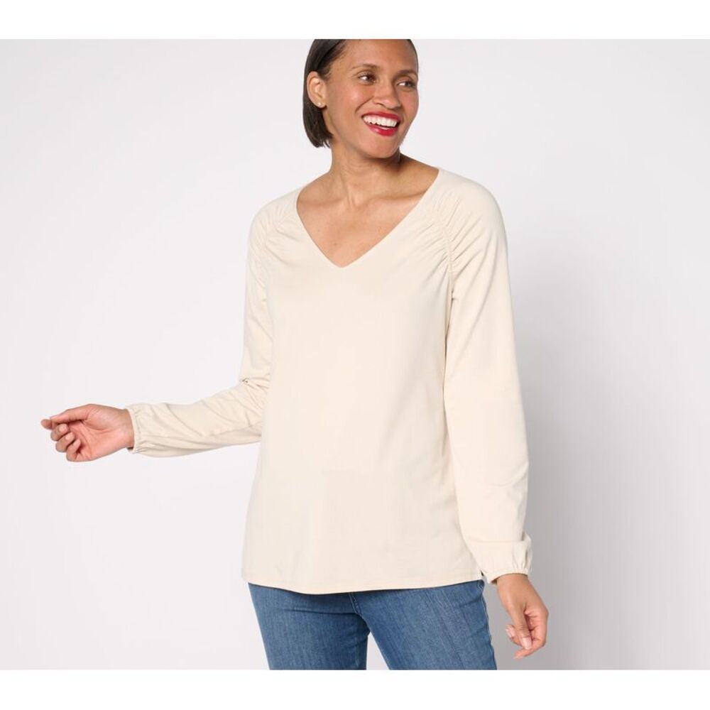 Belle by Kim Gravel Women's Top Sz S TripleLuxe Knit Ruched White A679780